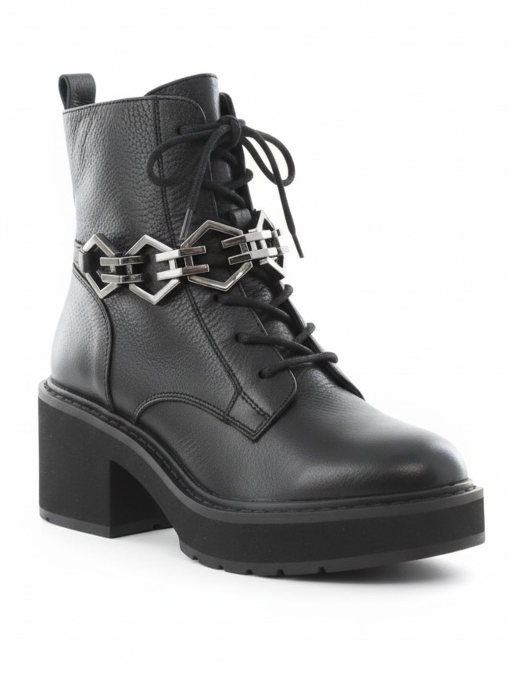 Vince Camuto NEW Leather Keltana Chain 8 LaceUp Ankle Boot Chunky Heel Black